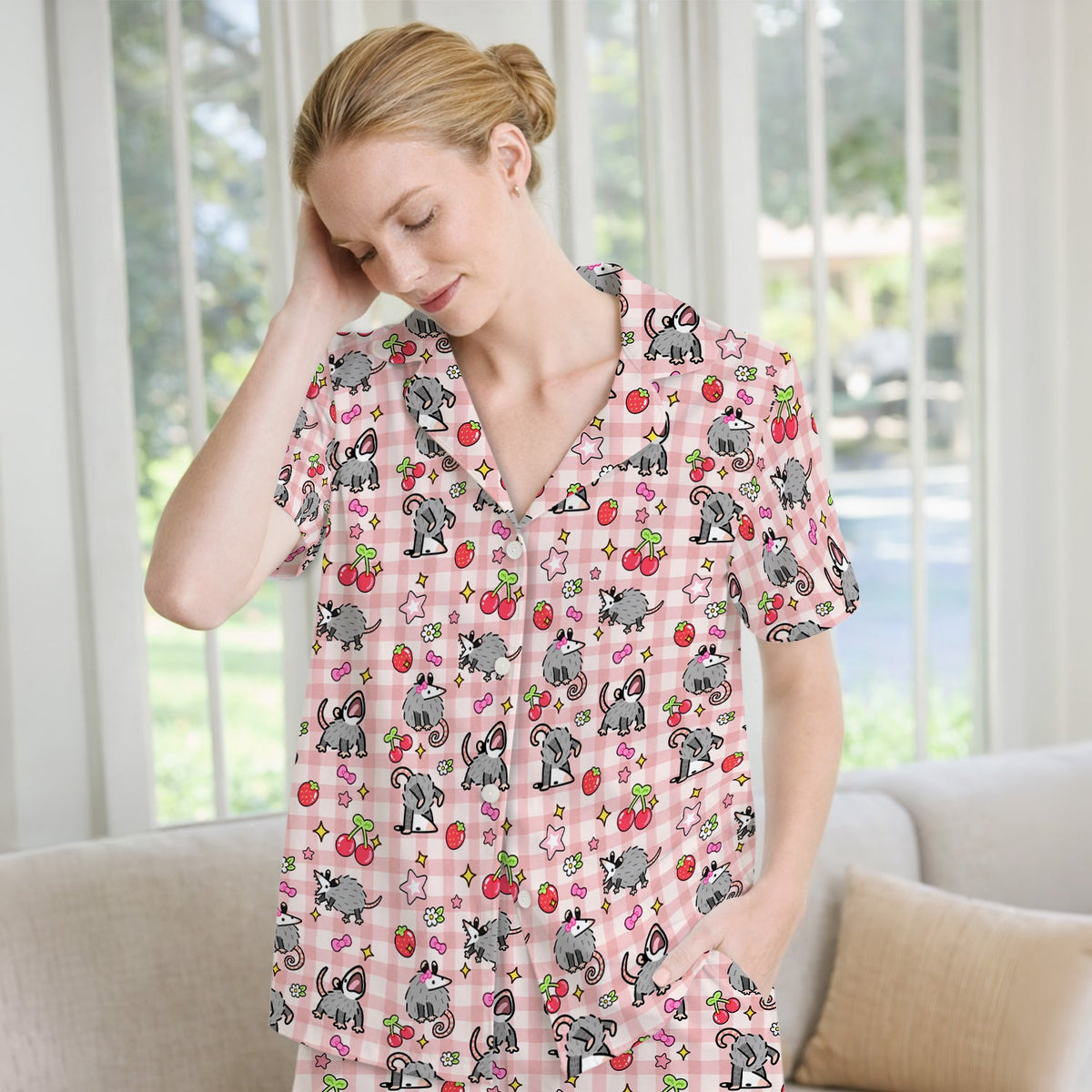 Opossum And Cherries Gingham Pajama Set