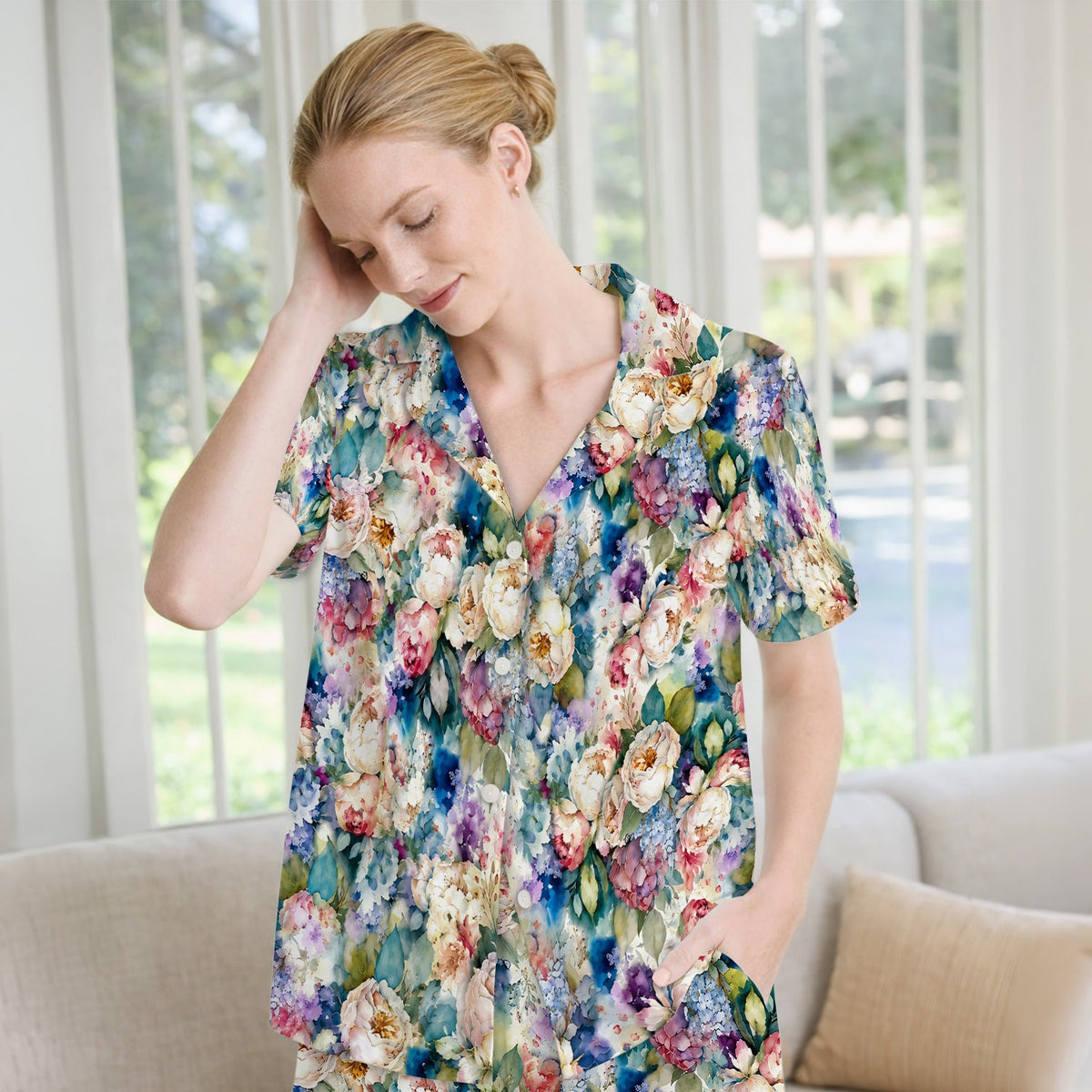 Watercolor Peony Hydrangea Floral Pajama Set