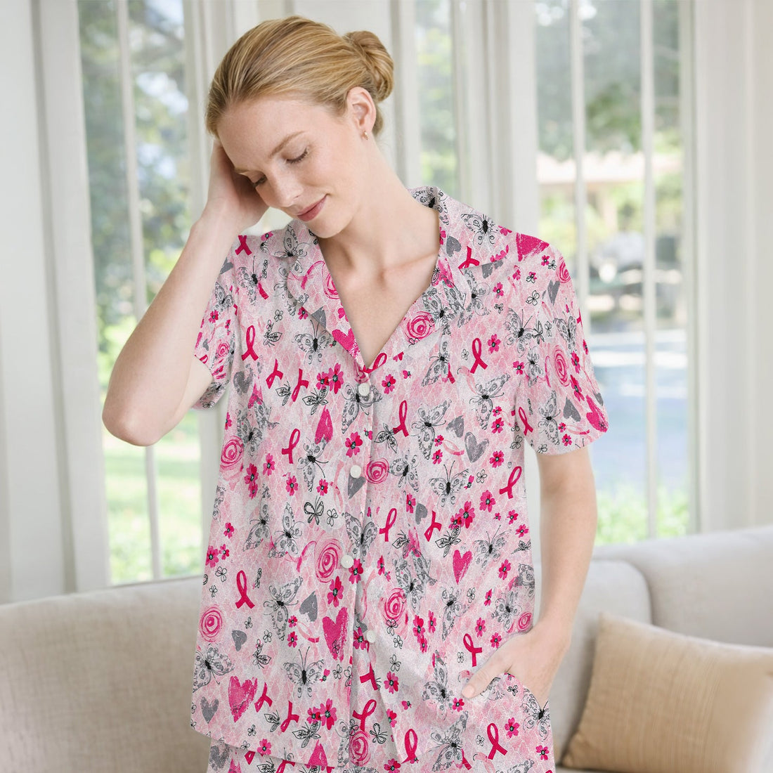 Breast Cancer Awareness Butterfly Floral Nurse Pajama Set