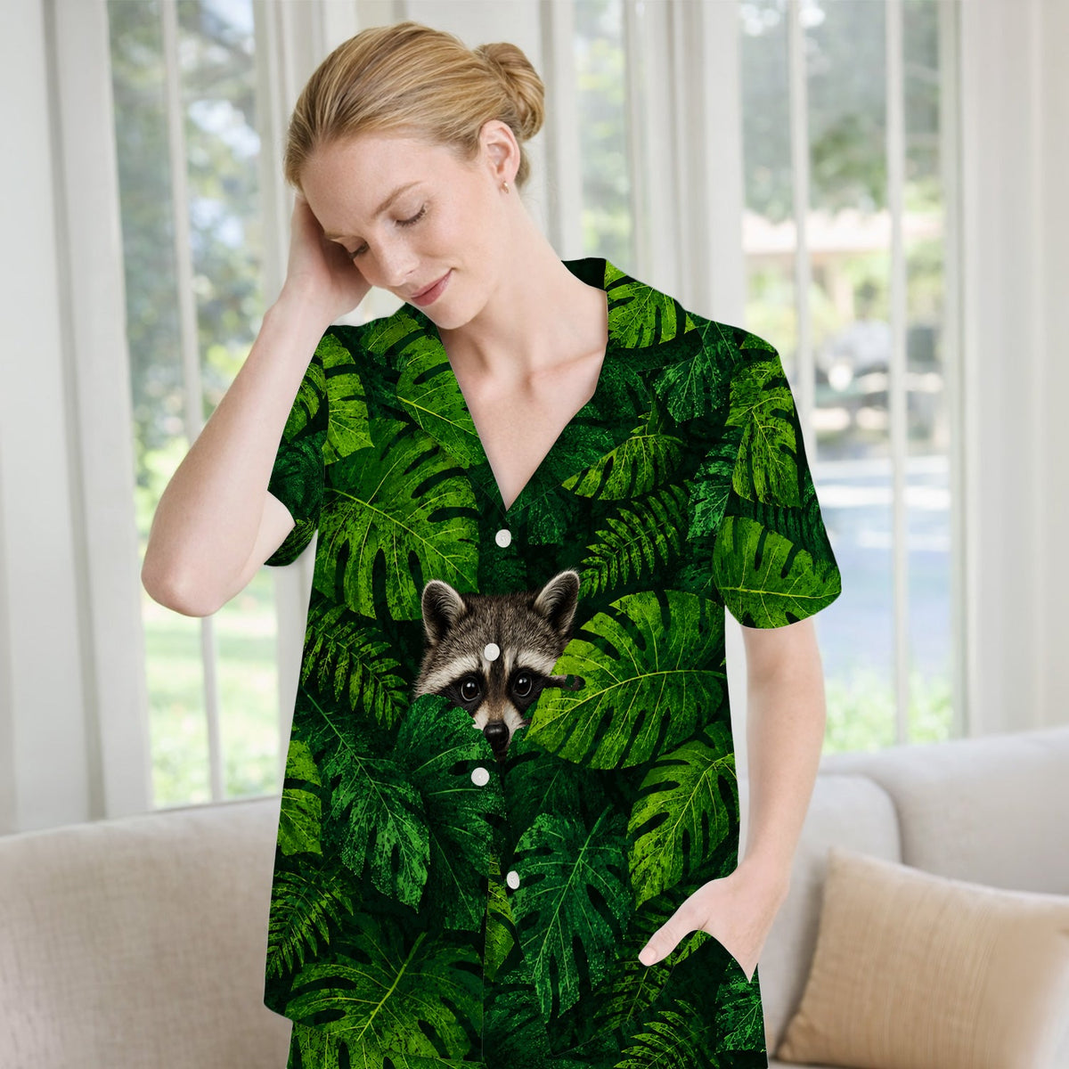 Raccoon Tropical Leaf Nurse Pajama Set