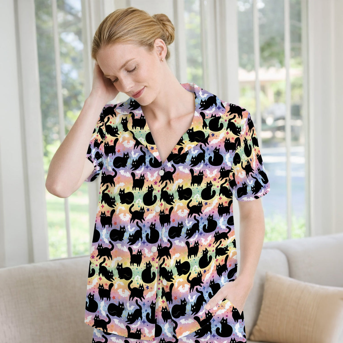 Pastel Star Black Cat Nurse Pajama Set