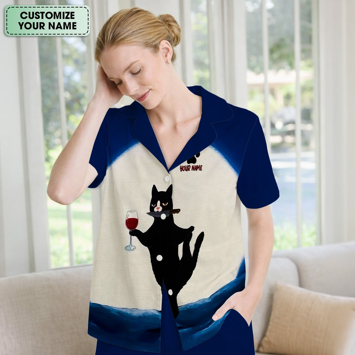 Personalized Cat Wine Glass Knife Pajama Set