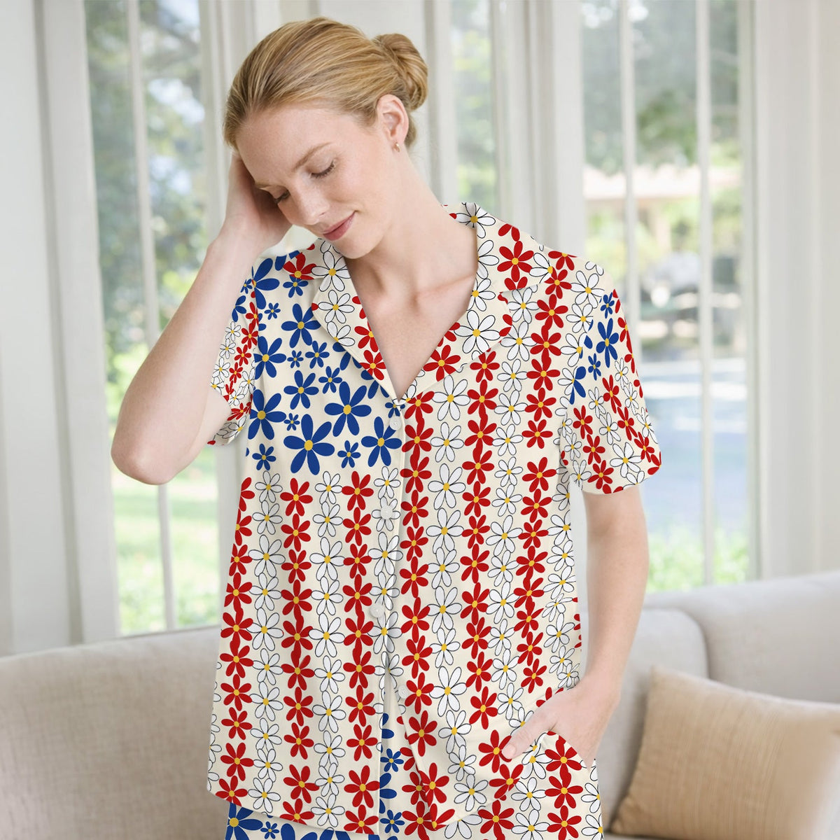Retro Red Blue Daisy Pajama Set