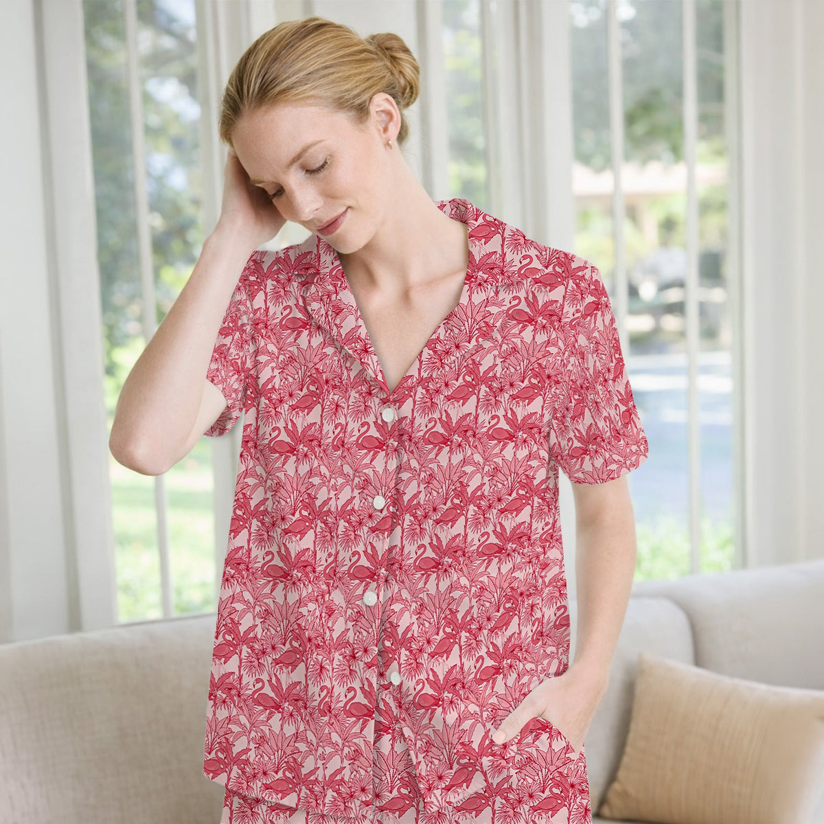 Tropical Flamingo Palm Leaves Pajama Set