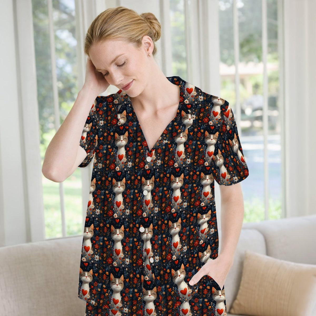 Cat Heart Floral Garden Nurse Pajama Set