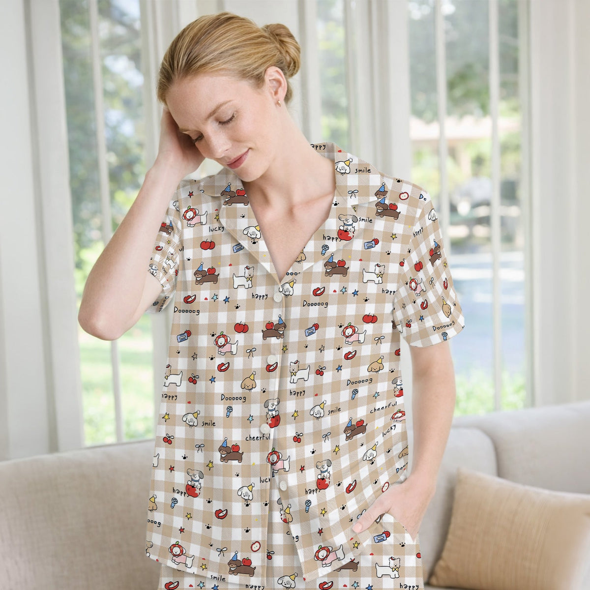 Cartoon Puppy Apple Gingham Pajama Set