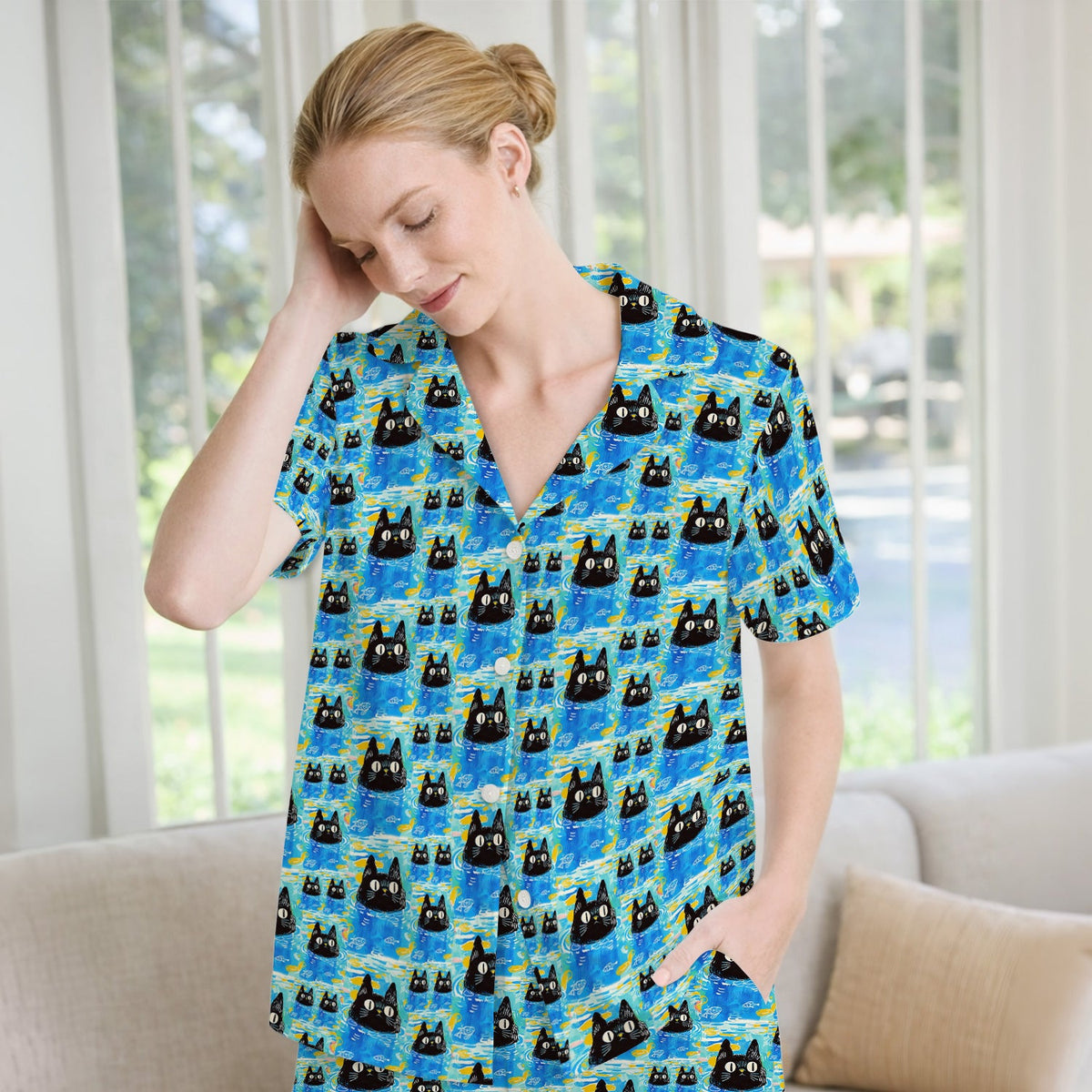 Black Cat Swimming In Blue Water Pajama Set