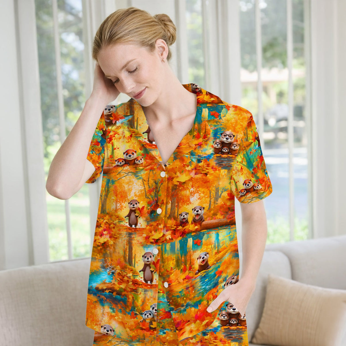 Cute Autumn Otter Leaf Forest Pajama Set