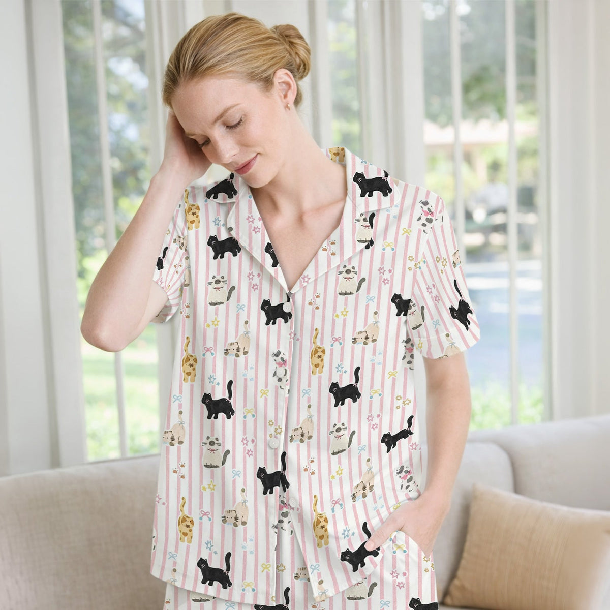 Playful Cat Stripe Ribbon Pajama Set