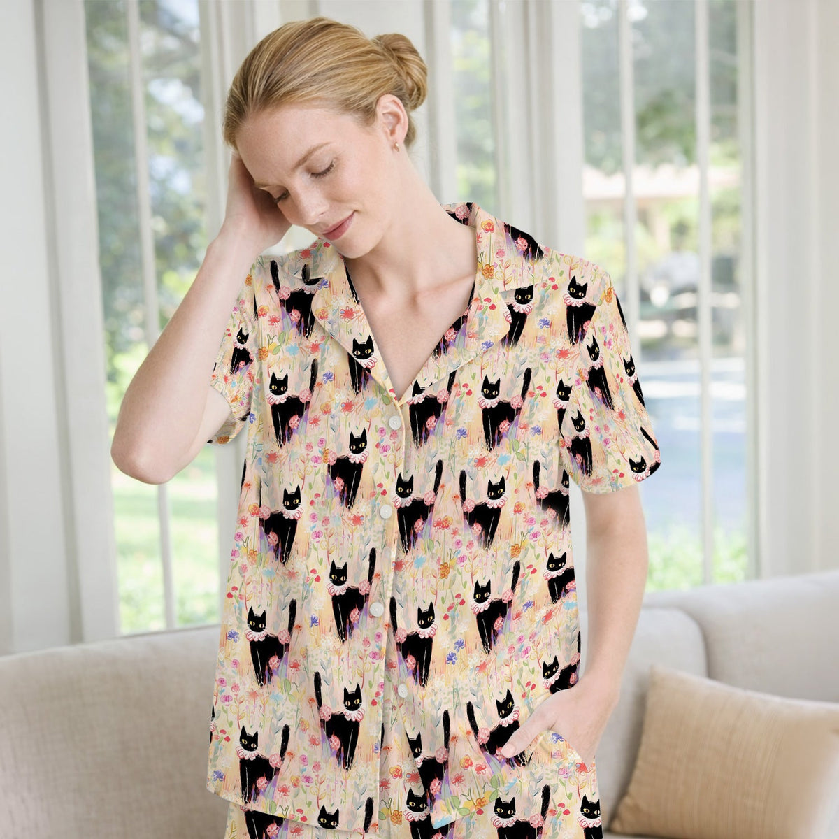 Black Cat Floral Garden Pajama Set