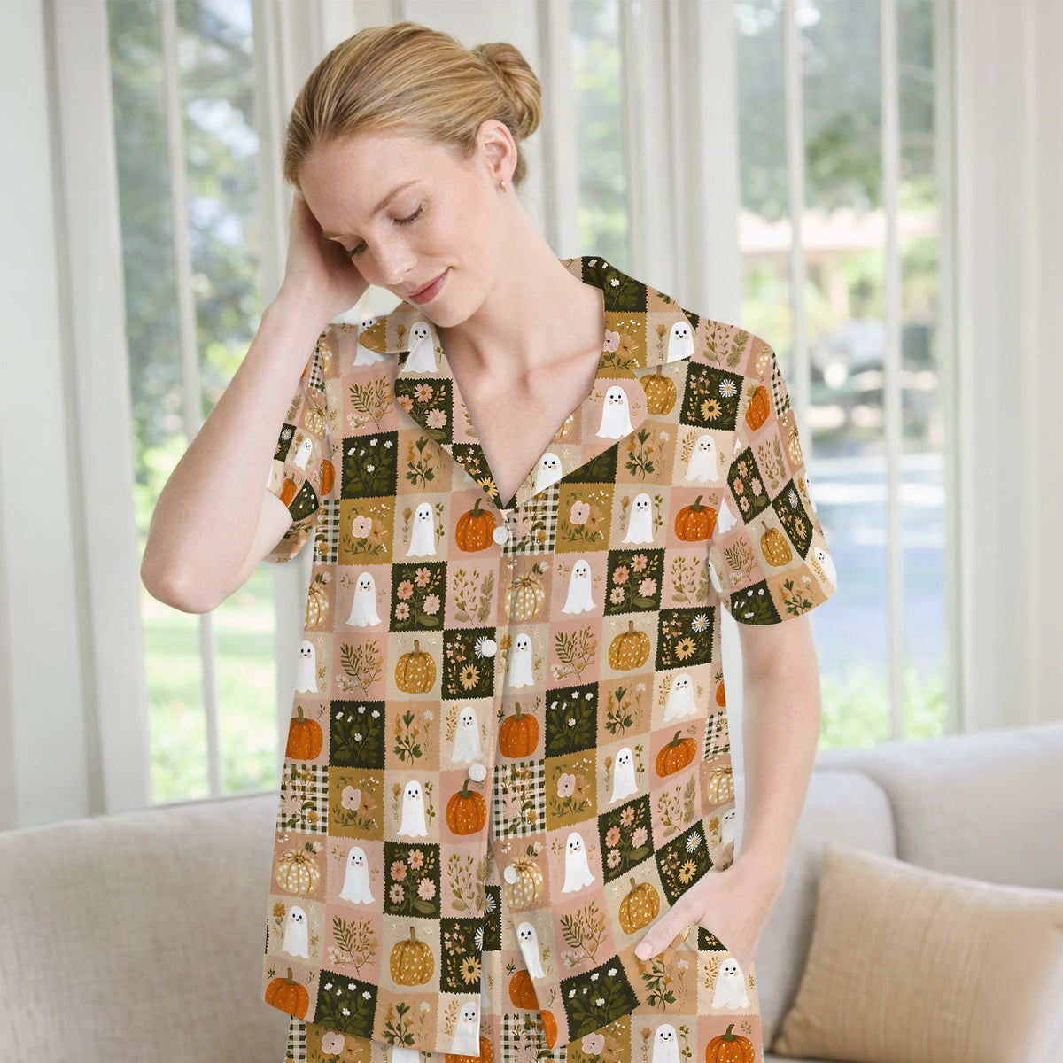 Halloween Ghost Pumpkin Patchwork Pajama Set