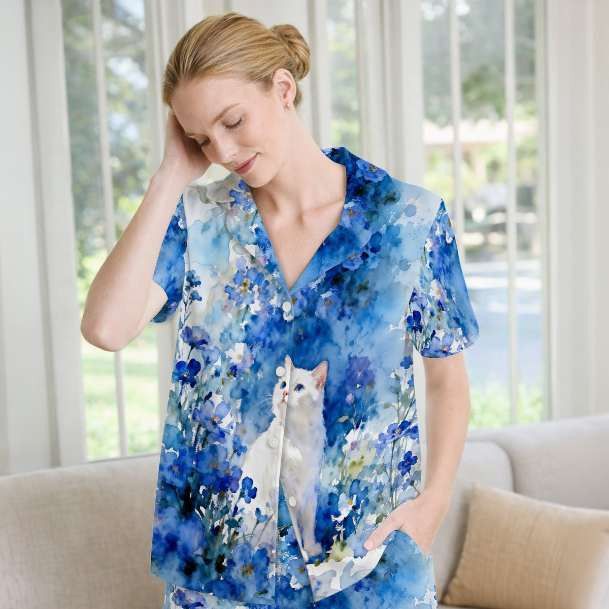 Adorable Blue Floral White Cat Pajama Set