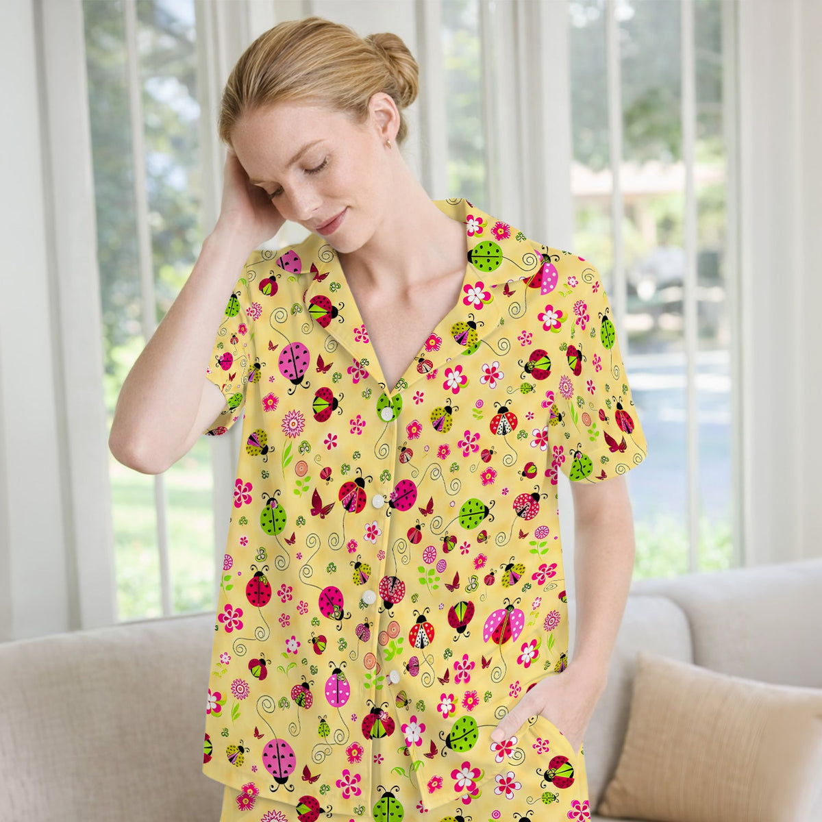 Yellow Ladybug Floral Garden Pajama Set