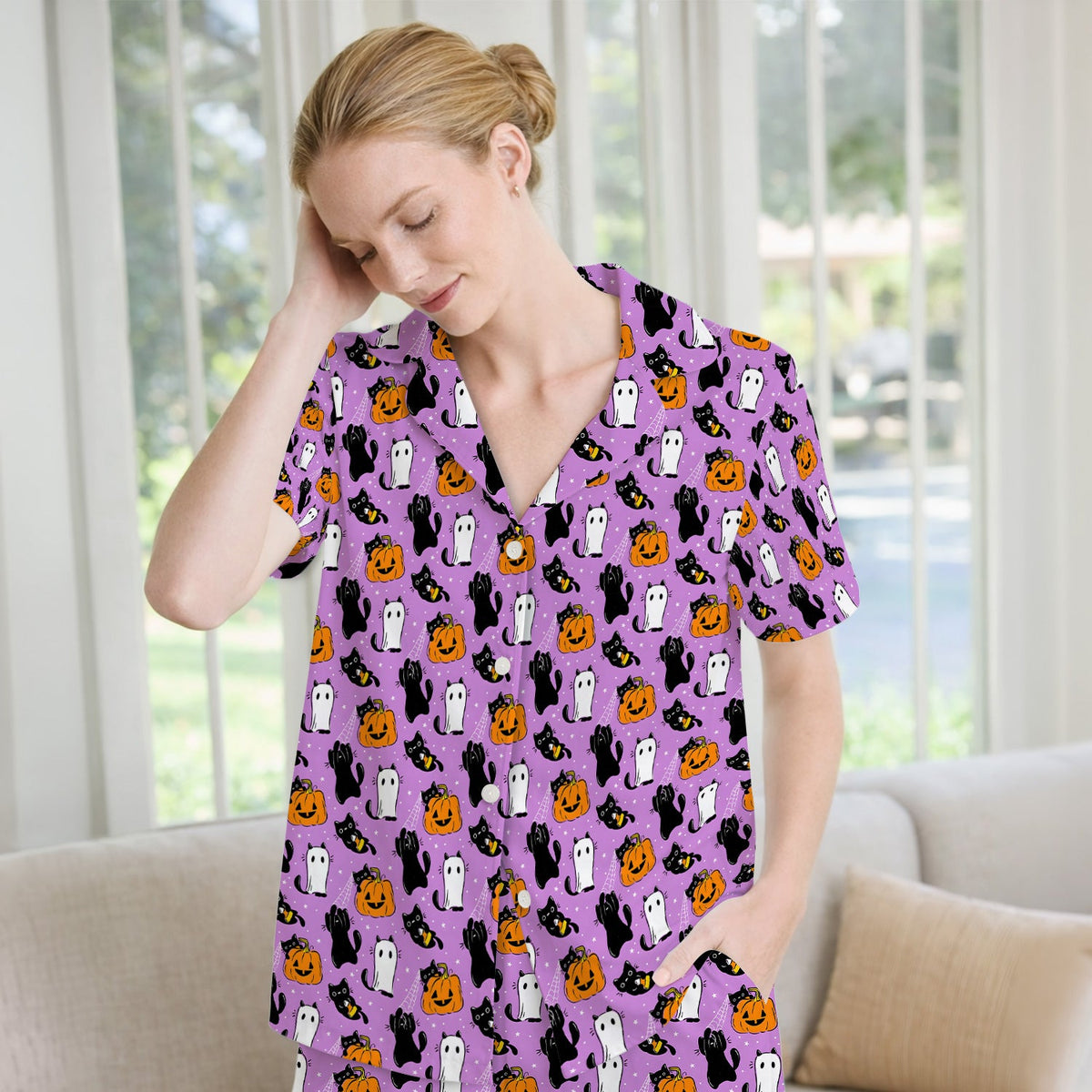 Purple Halloween Black Cat Pajama Set