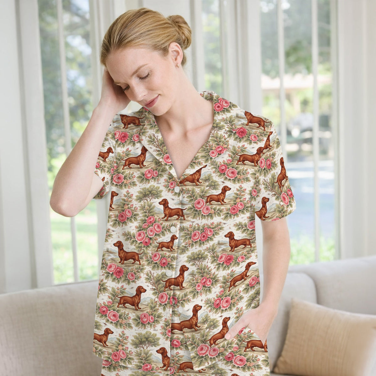 Vintage Dachshund Rose Floral Pajama Set
