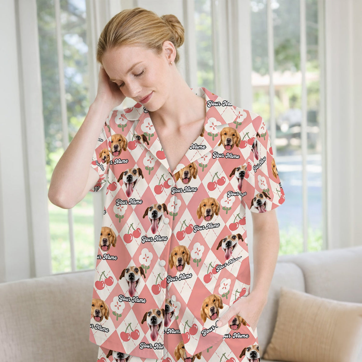 Dog Face Cherry Argyle Pajama Set