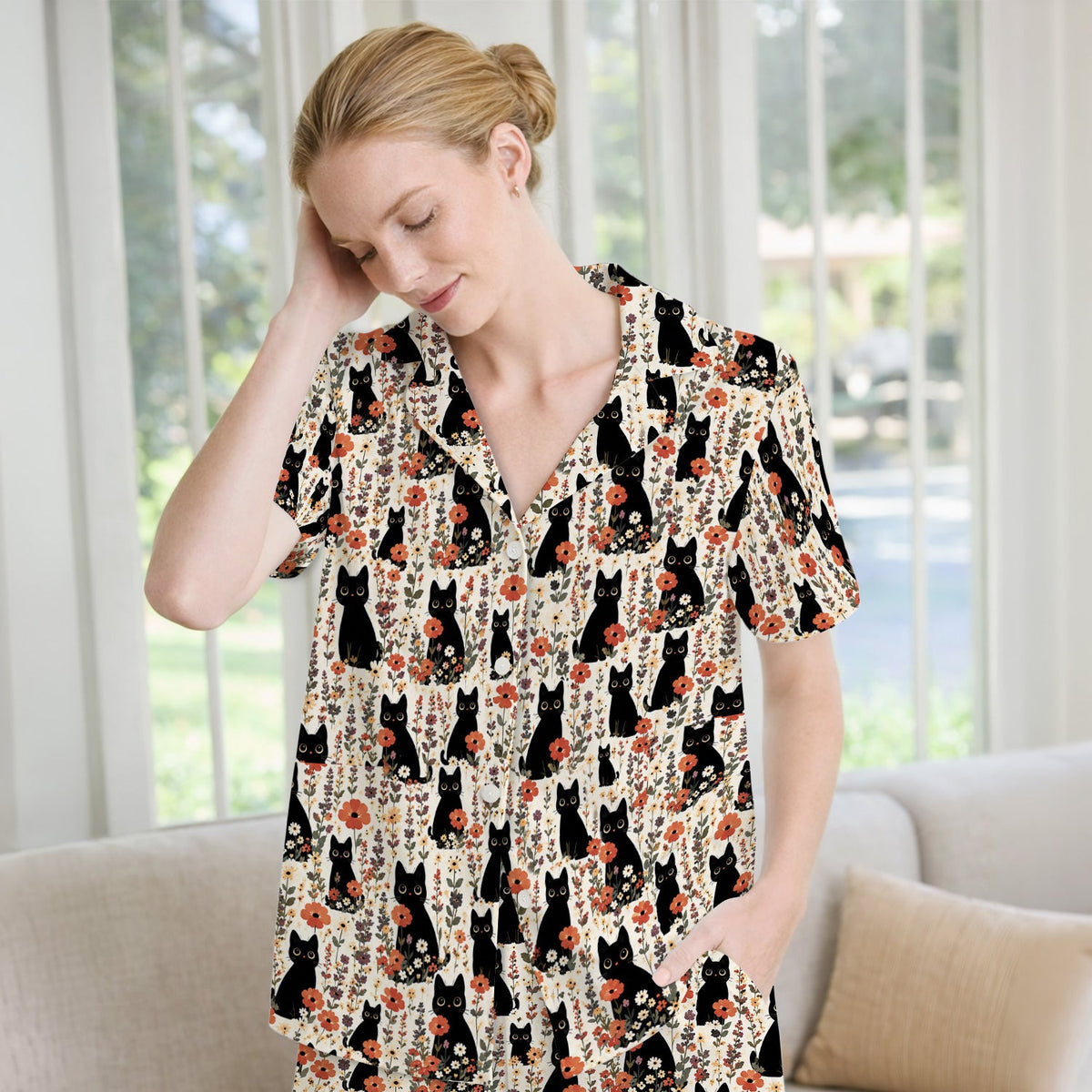 Cute Black Cat Wildflower Pajama Set