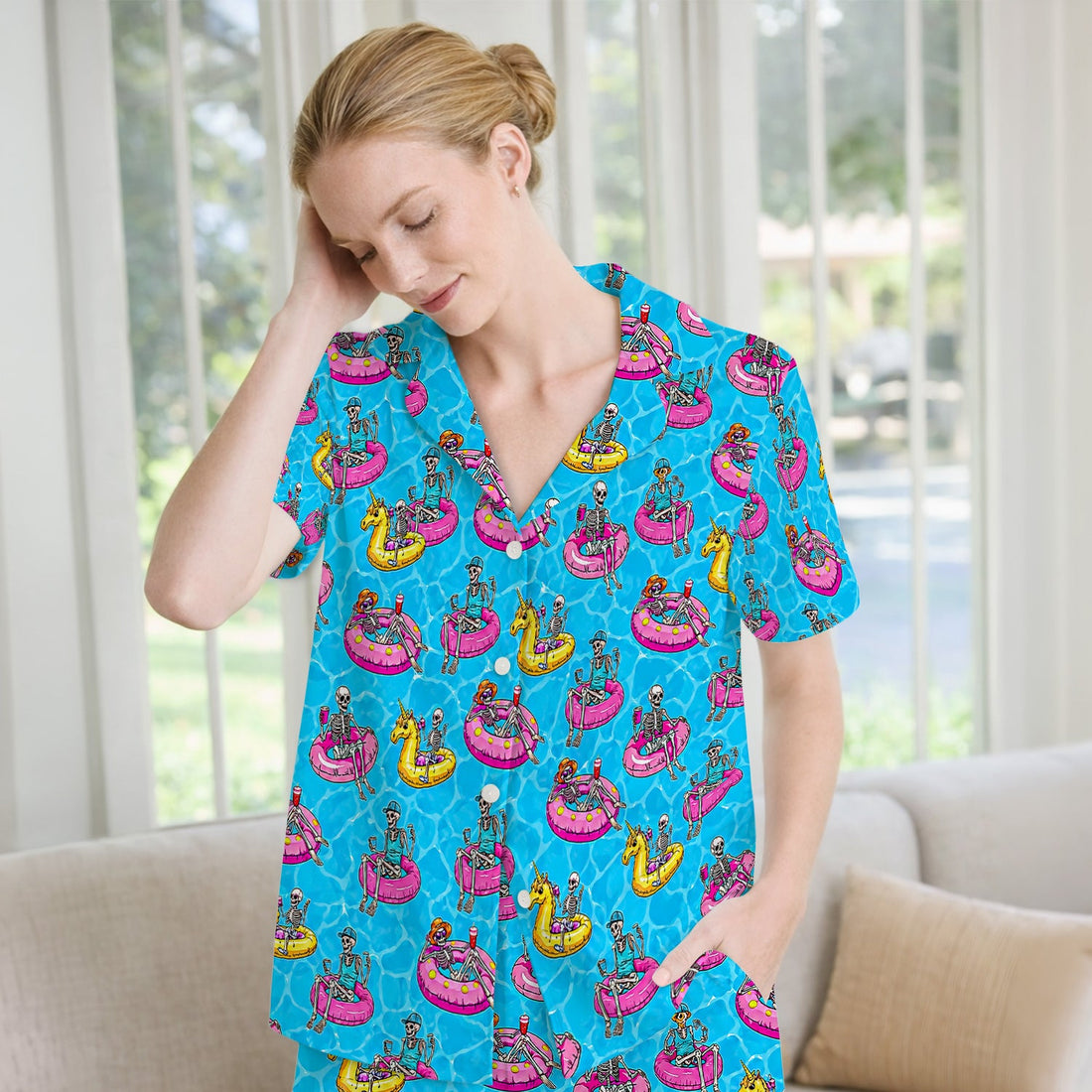 Summerween Skeleton Pool Float Pajama Set
