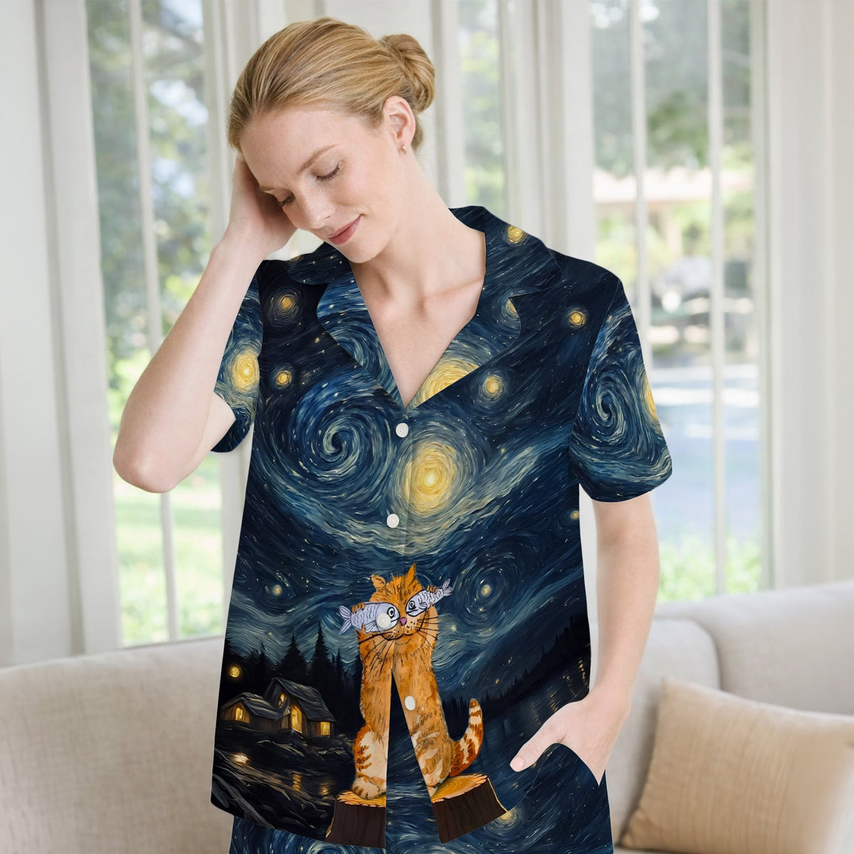 Cat Starry Night Sky Nurse Pajama Set