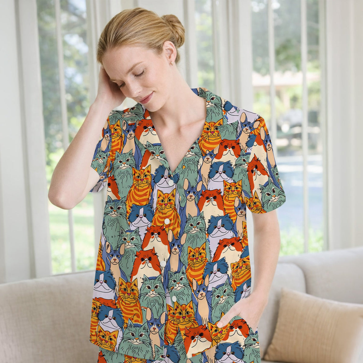 Multicolor Cat Faces Pajama Set