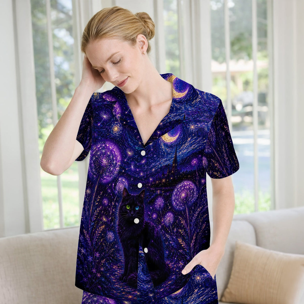Mystical Black Cat Starry Night Pajama Set