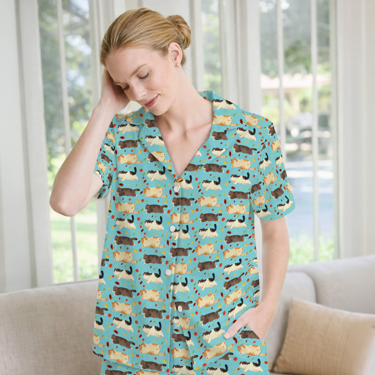 Personalized Chubby Cat Autumn Leaves Pajama Set