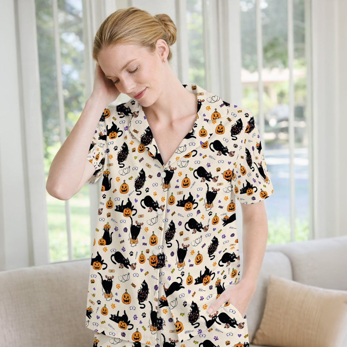 Pumpkin Black Cat Pajama Set