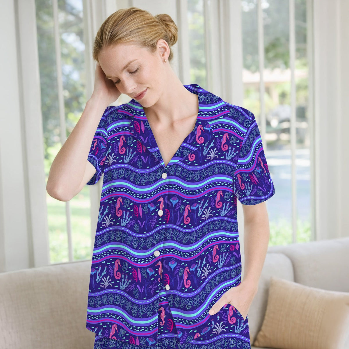 Purple Seahorse Ocean Pattern Pajama Set