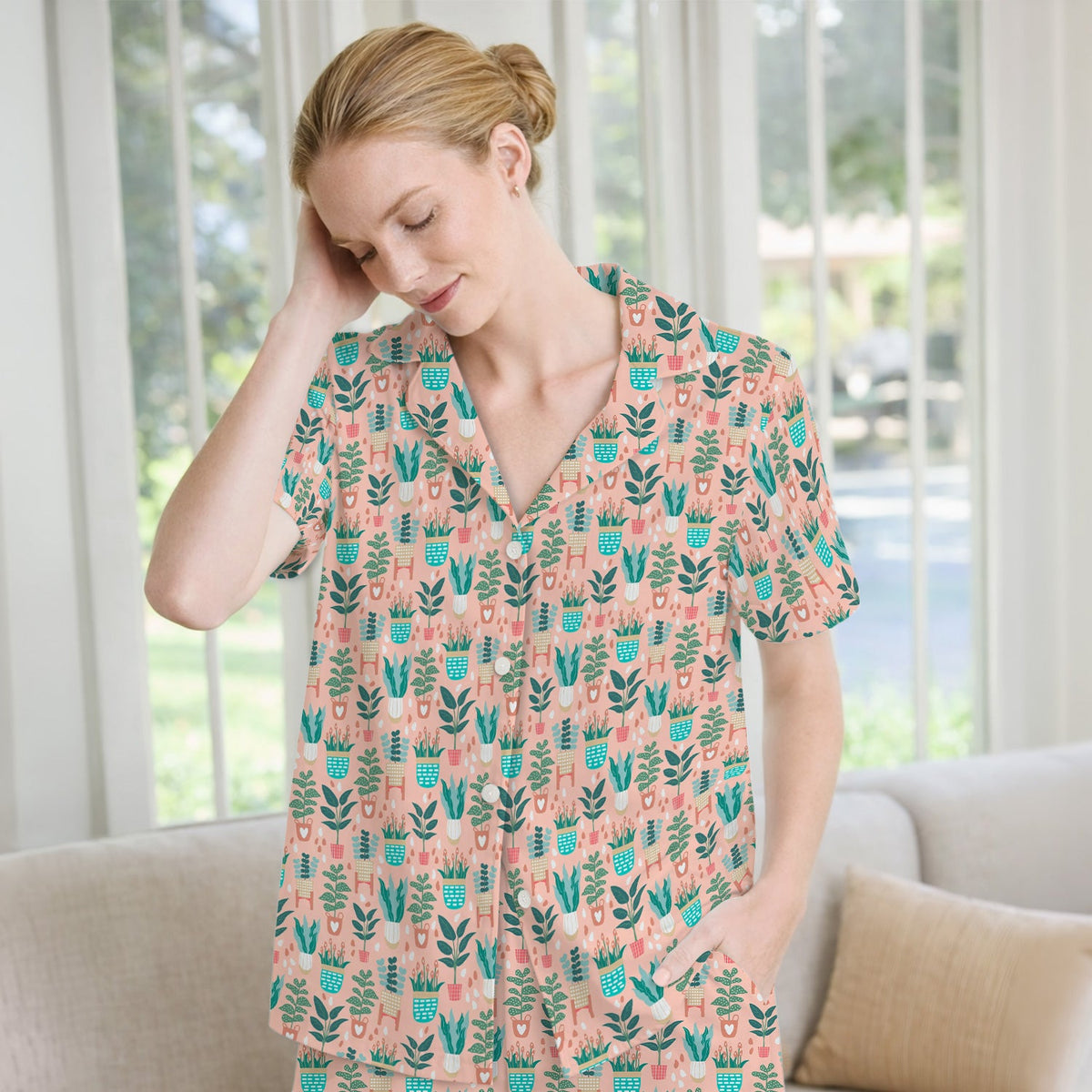 Potted Houseplant Leaves Pajama Set