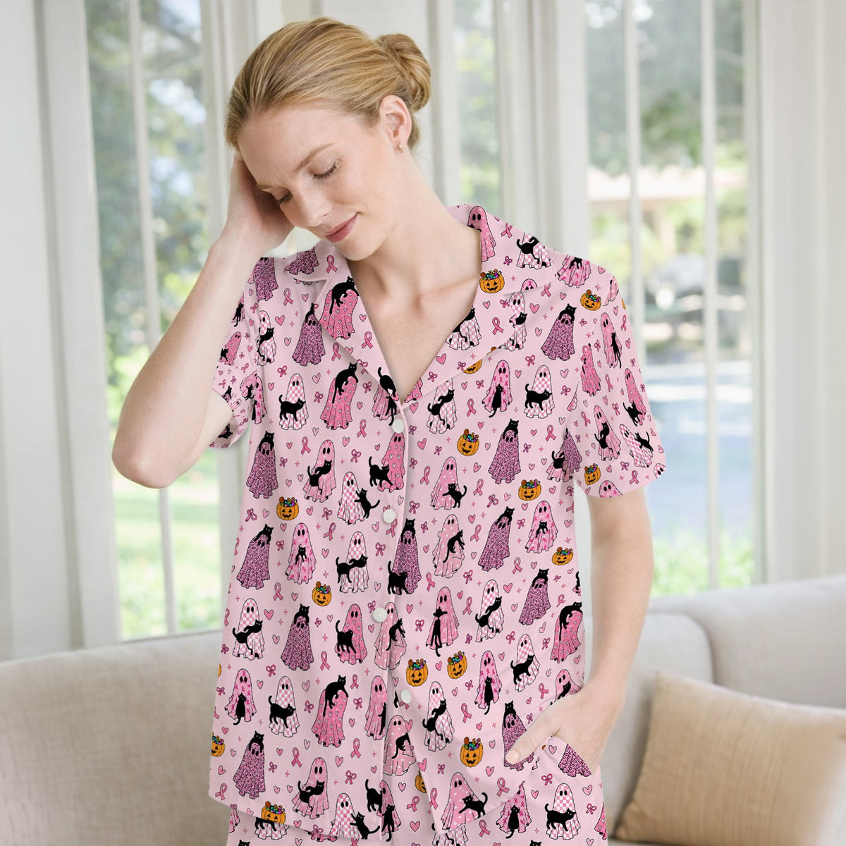 Breast Cancer Awareness Ghost Cat Nurse Pajama Set