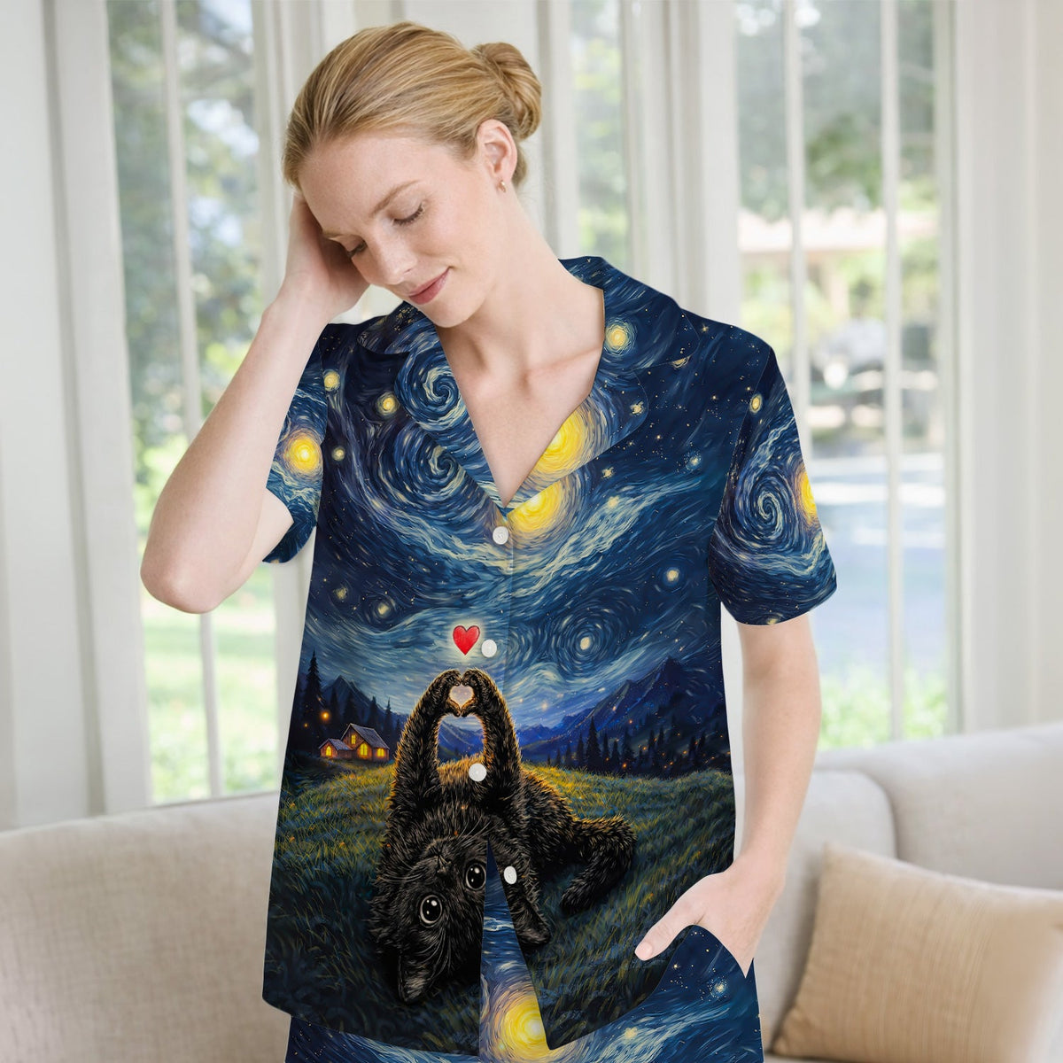 Starry Night Black Cat Heart Pajama Set