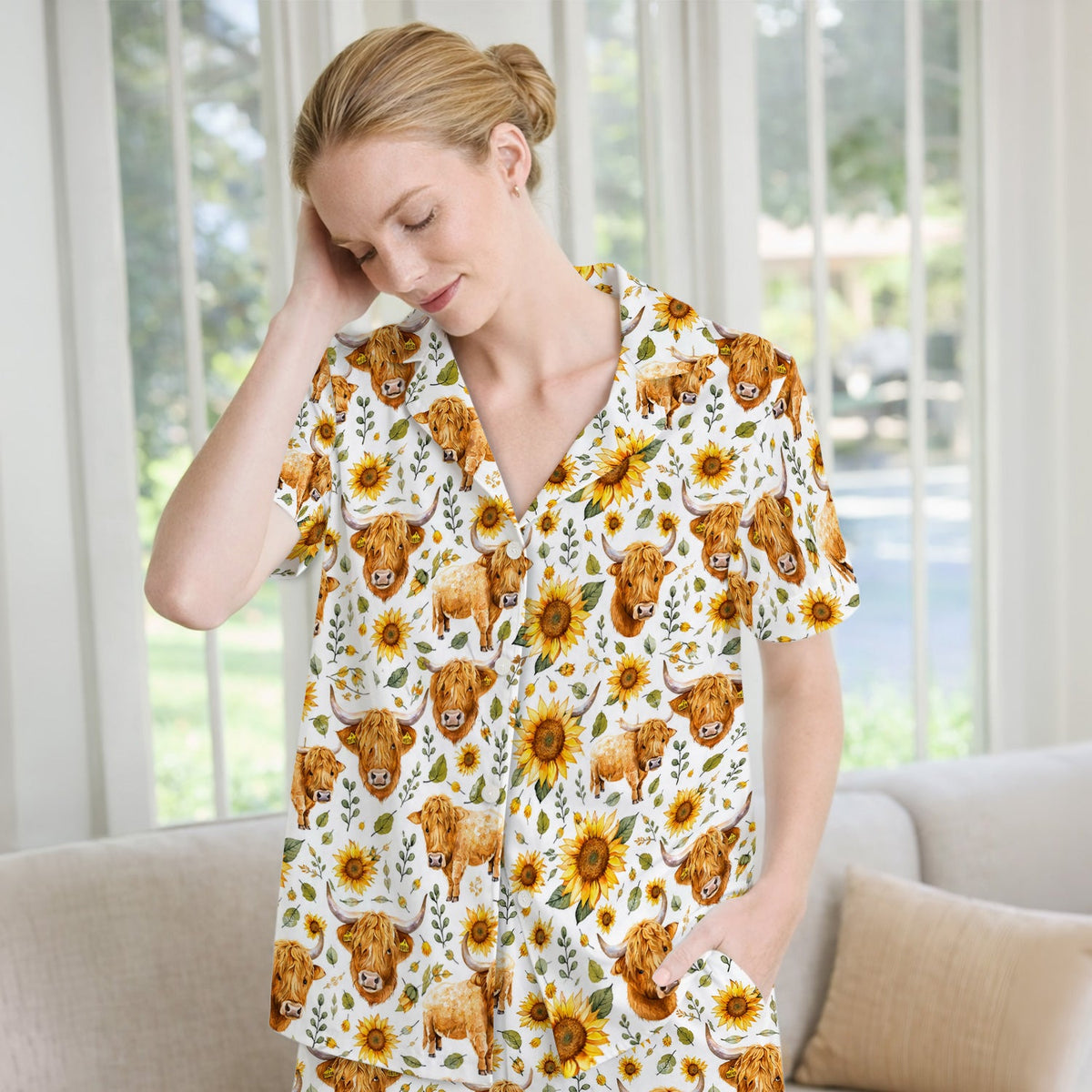 Highland Cow Sunflower Pattern Pajama Set For Nurse