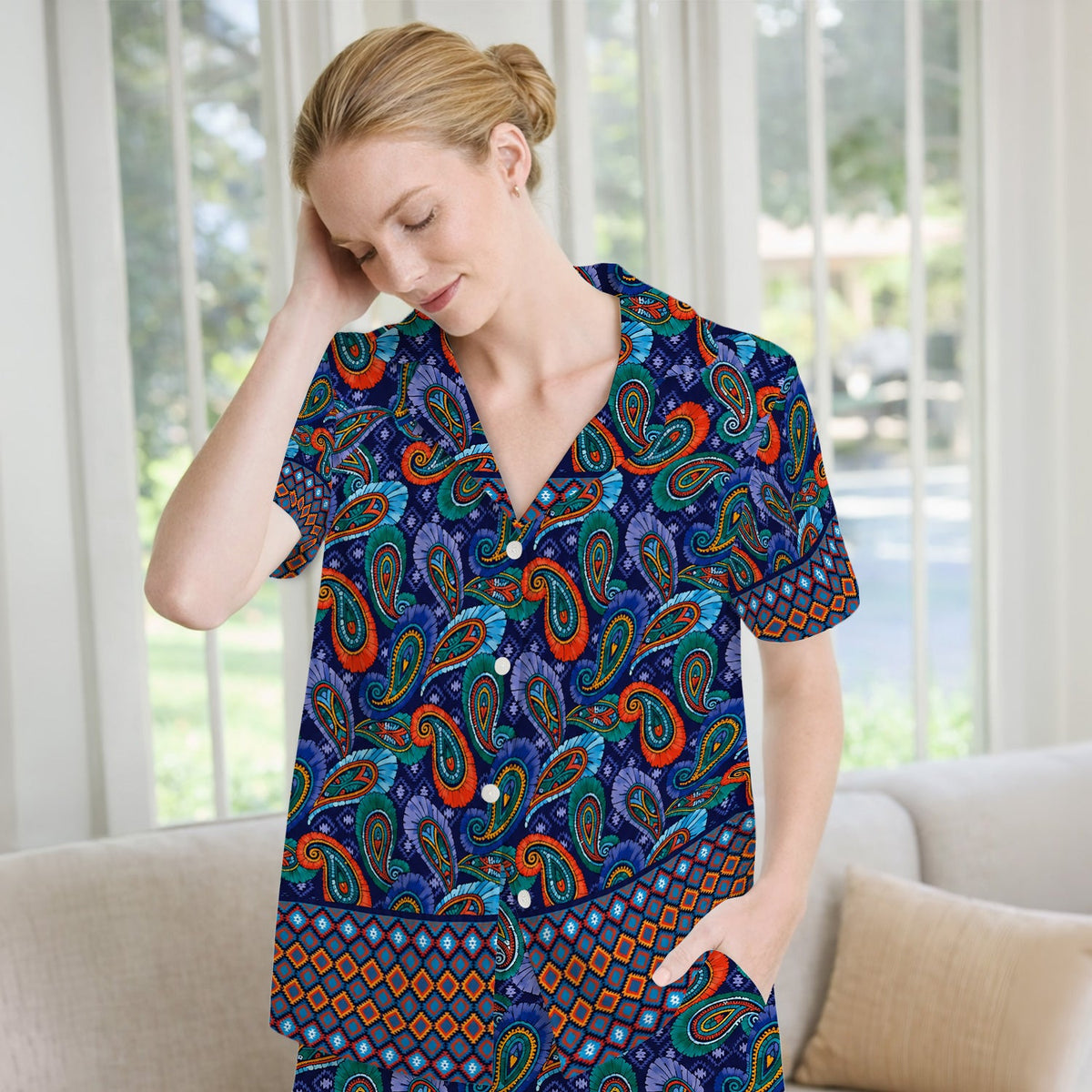 Colorful Paisley Geometric Border Pajama Set