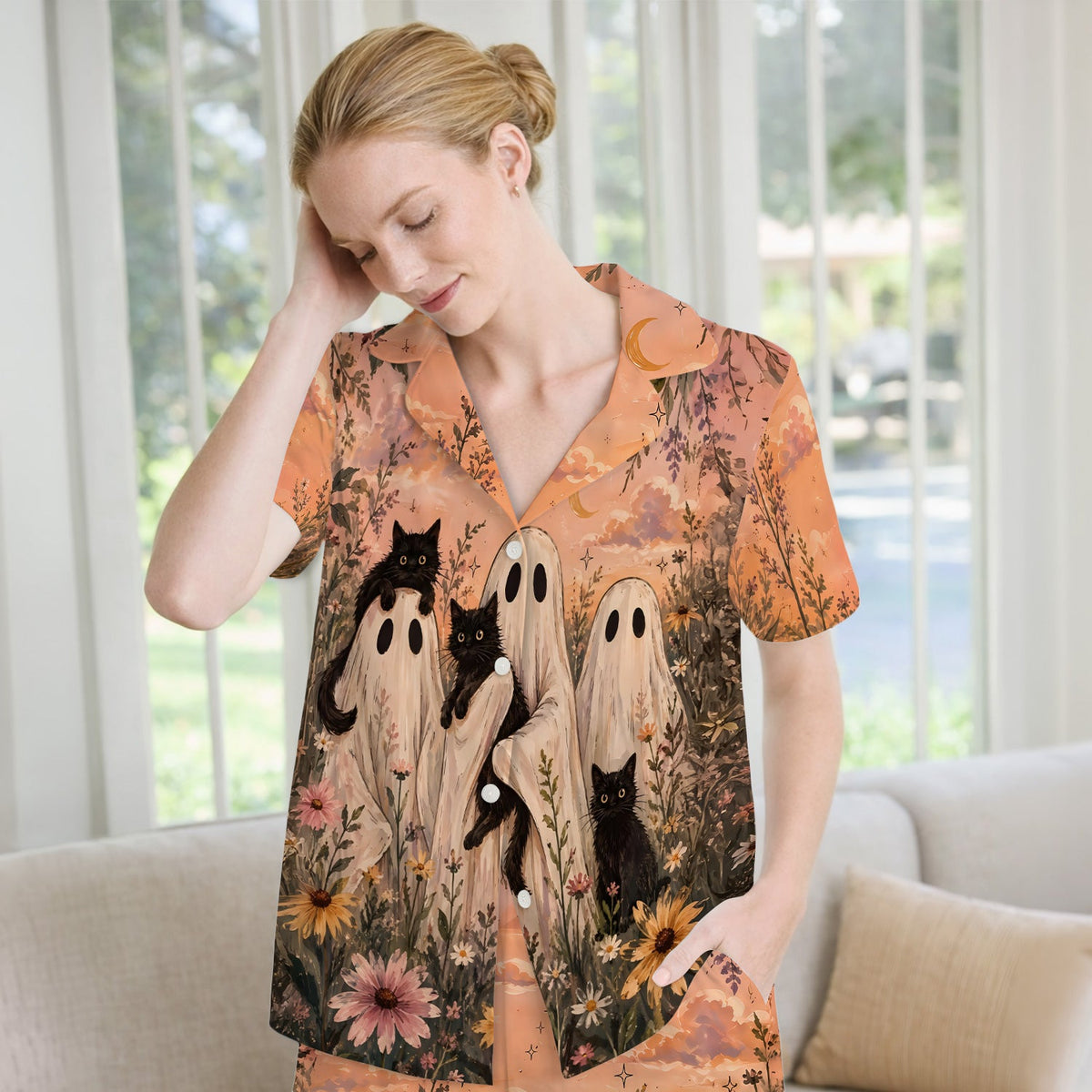 Ghosts Black Cats Pajama Set - Halloween Gift For Nurse