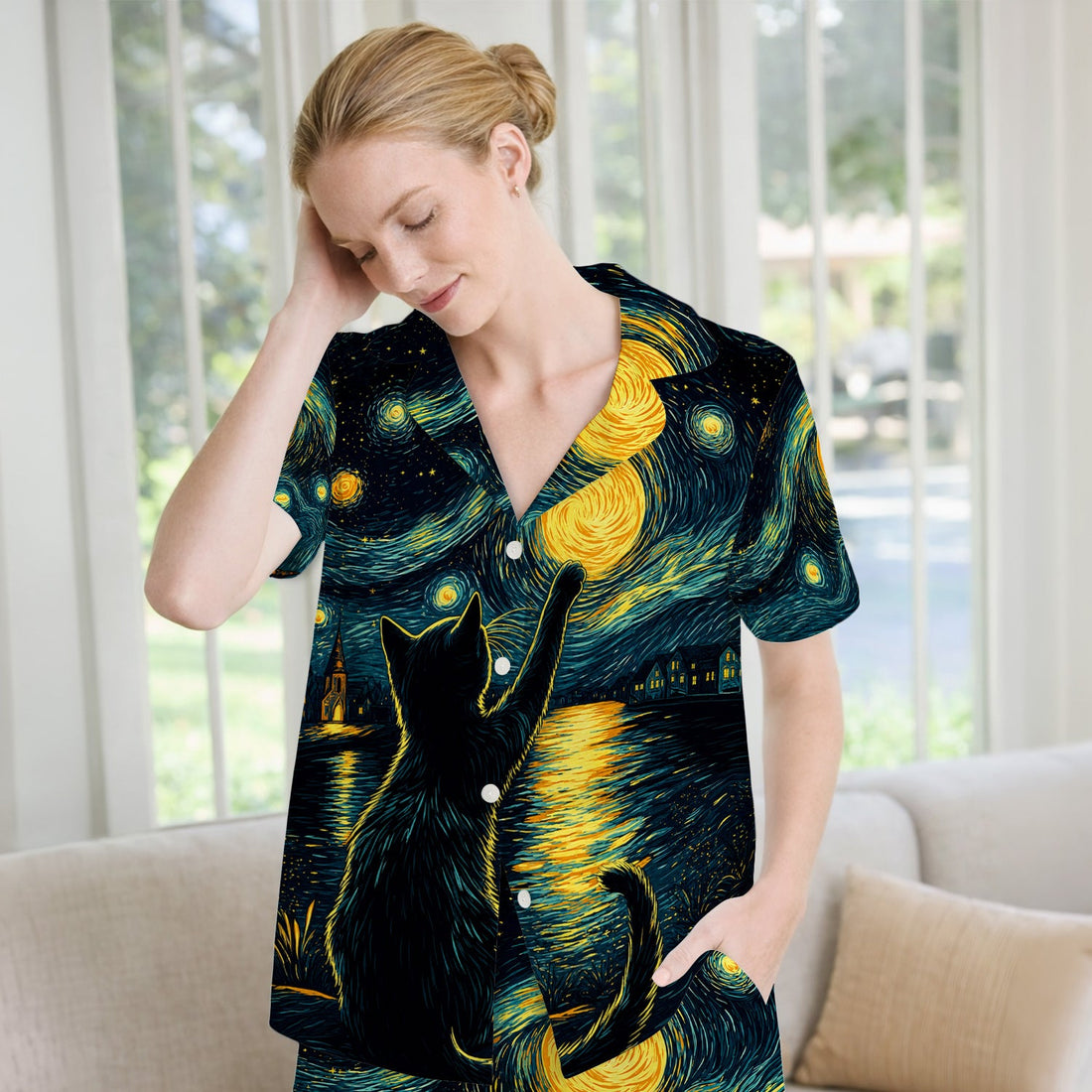 Starry Moonlit Black Cat Pajama Set