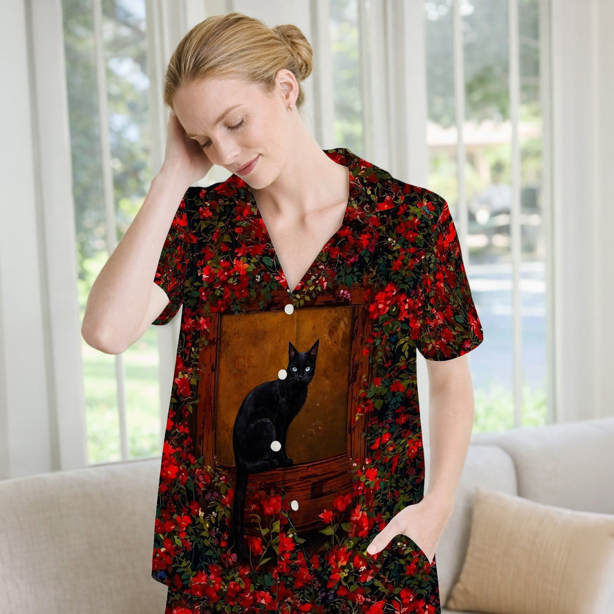 Black Cat By Red Floral Window Pajama Set