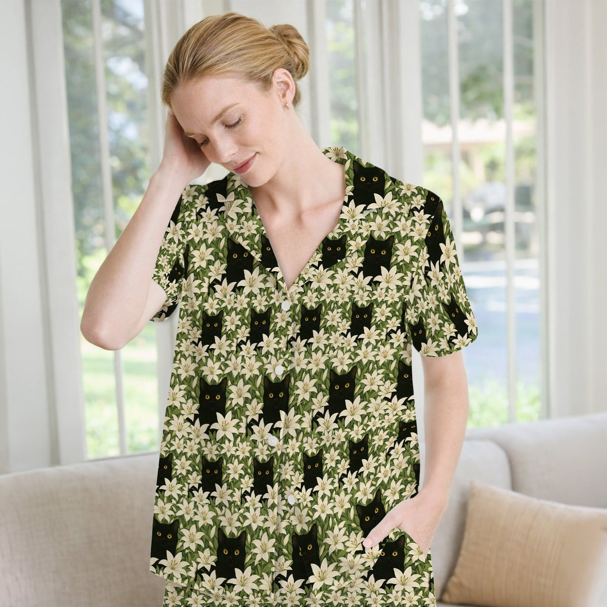 Black Cat Hidden In Lily Garden Pajama Set