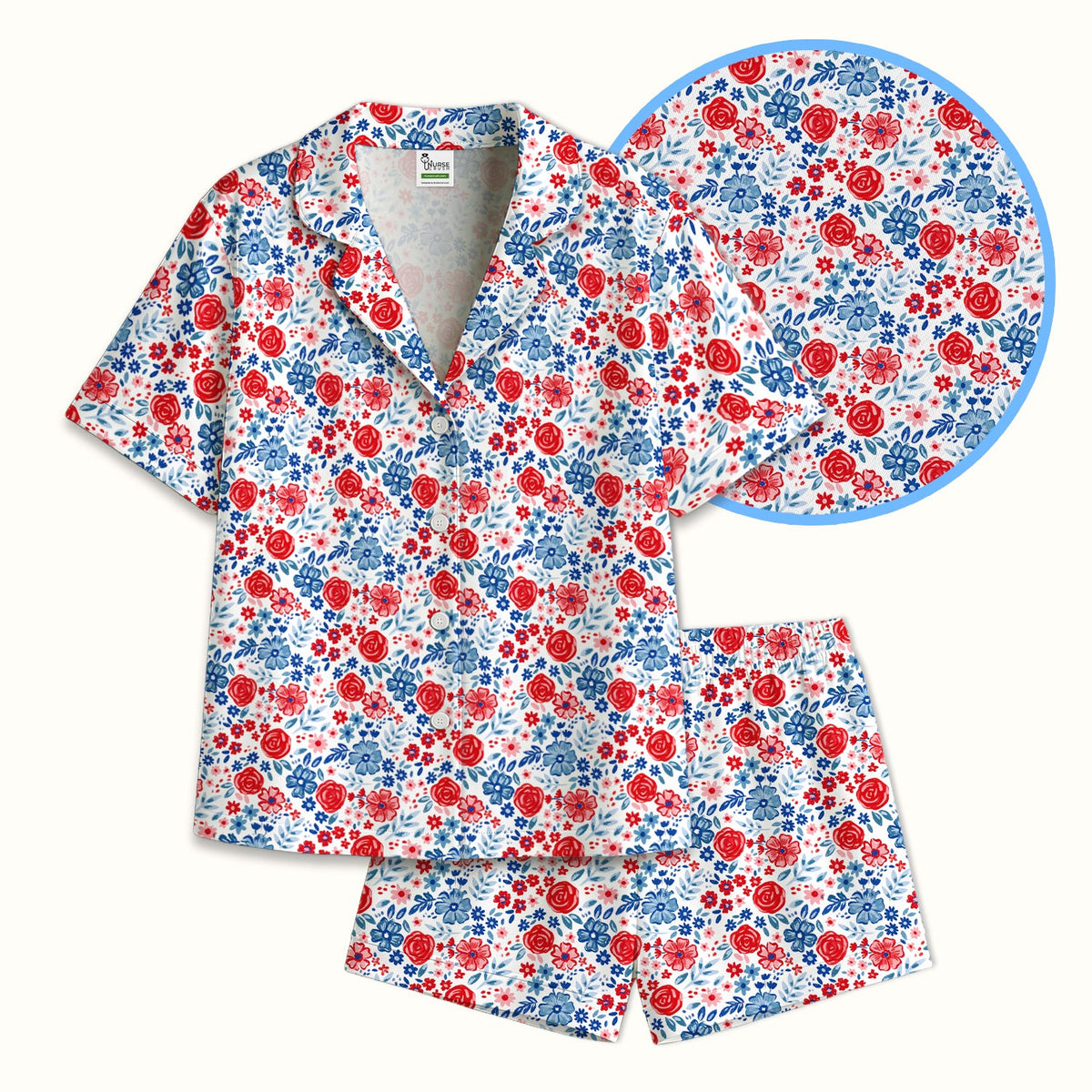 Red Blue Floral Garden Blossom Pajama Set