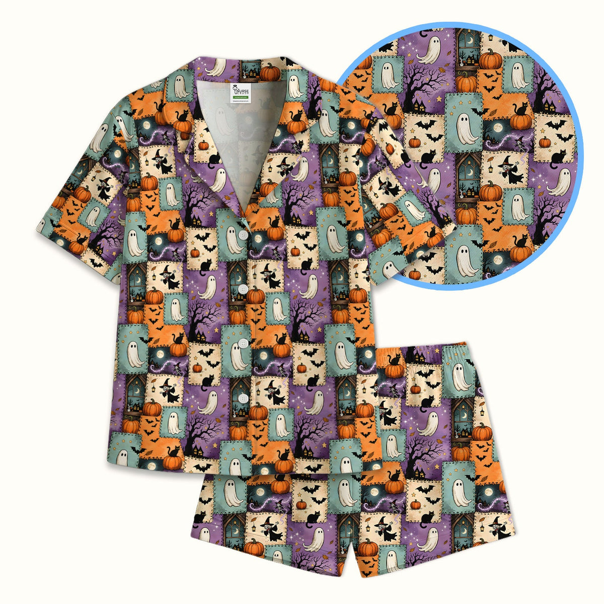 Spooky Ghost Black Cat Patchwork Pajama Set