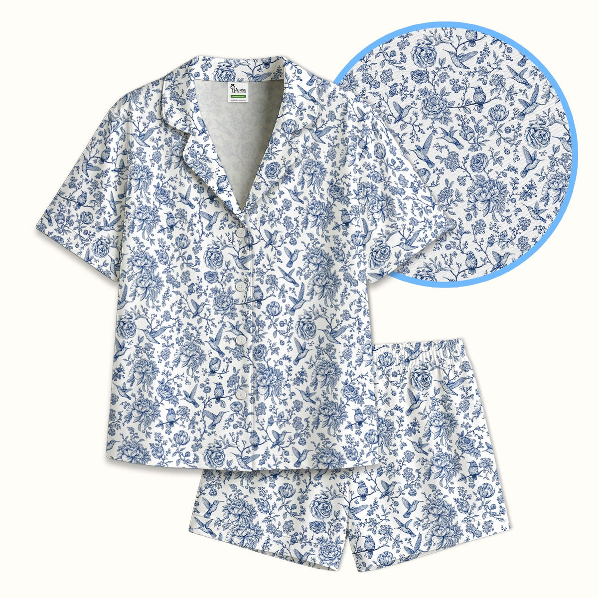 Blue Toile Hummingbird Floral Nurse Pajama Set