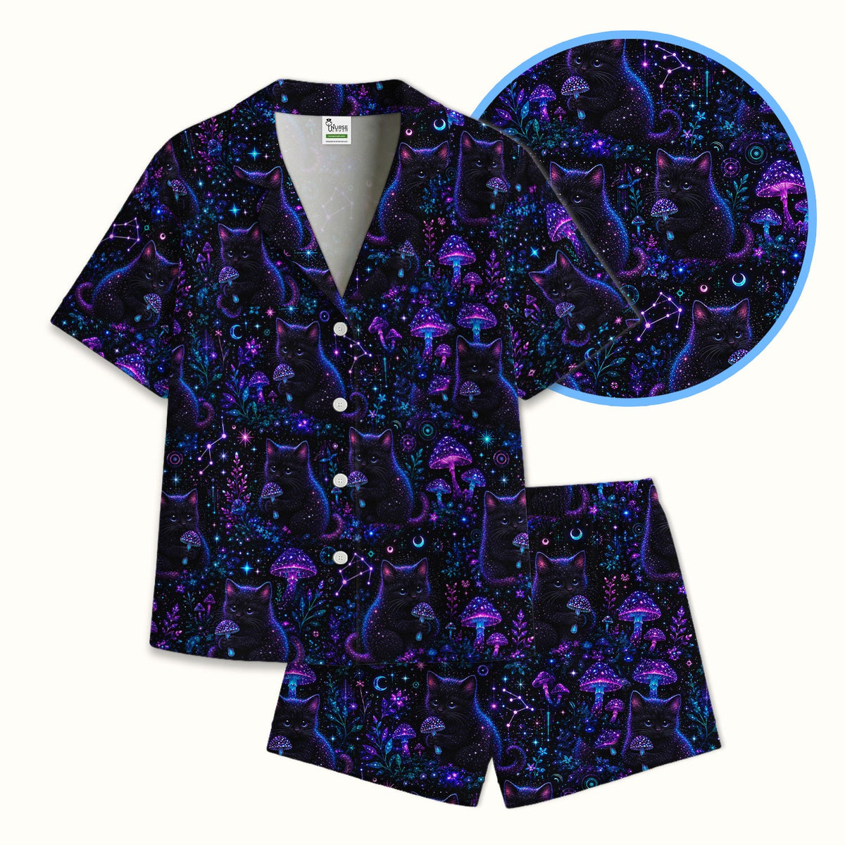 Neon Black Cat Mushroom Galaxy Pajama Set