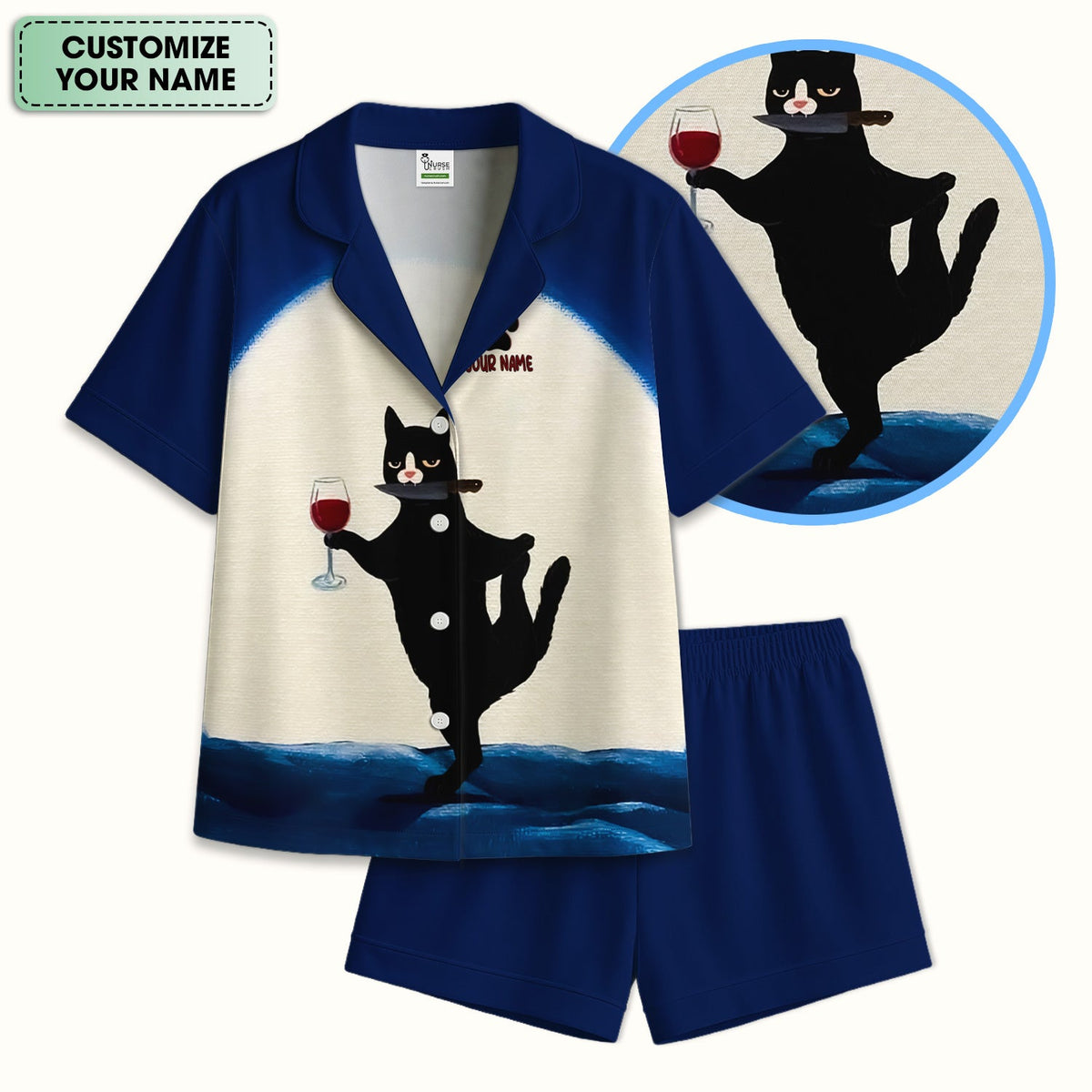 Personalized Cat Wine Glass Knife Pajama Set