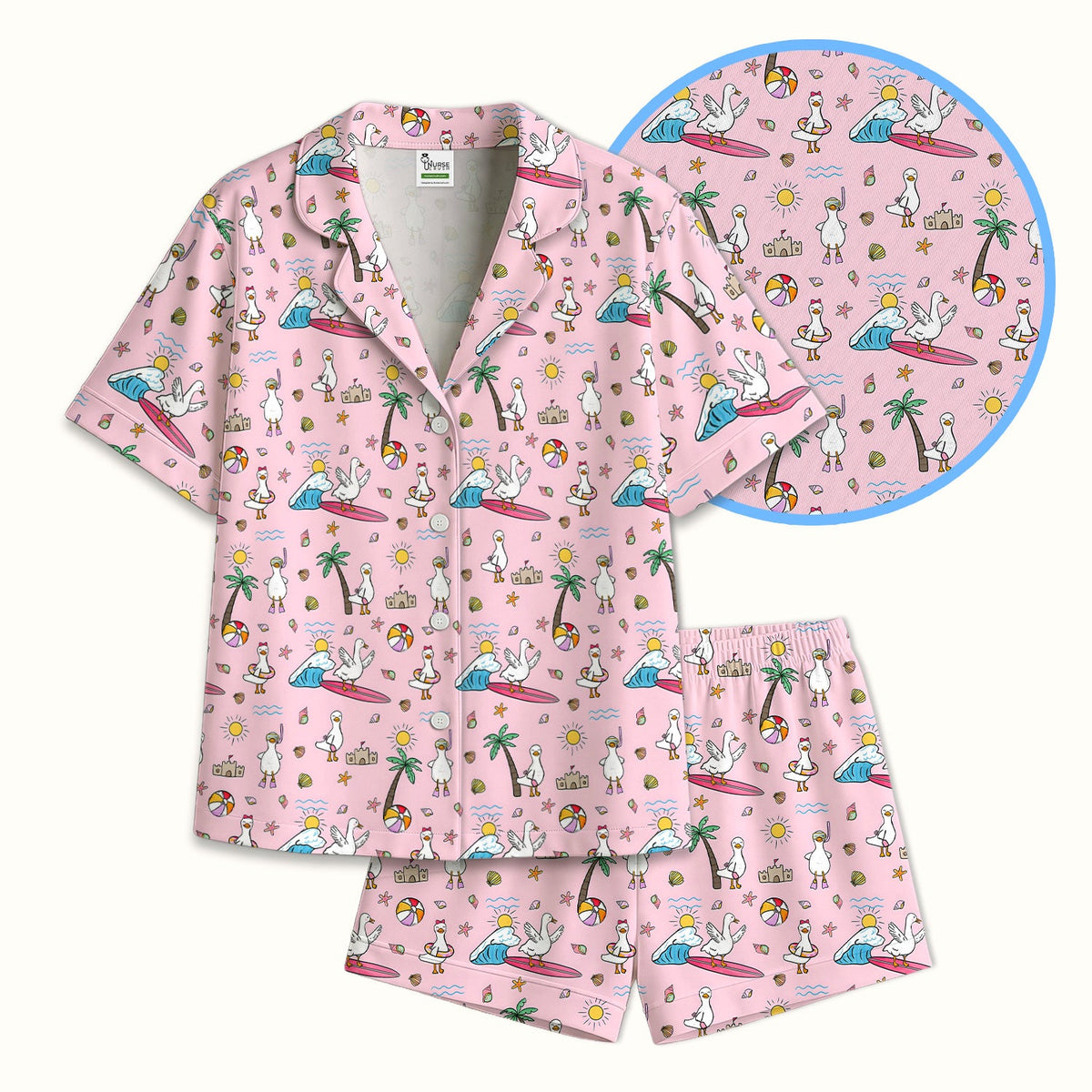 Seagull Surfboard Beach Palm Tree Pajama Set