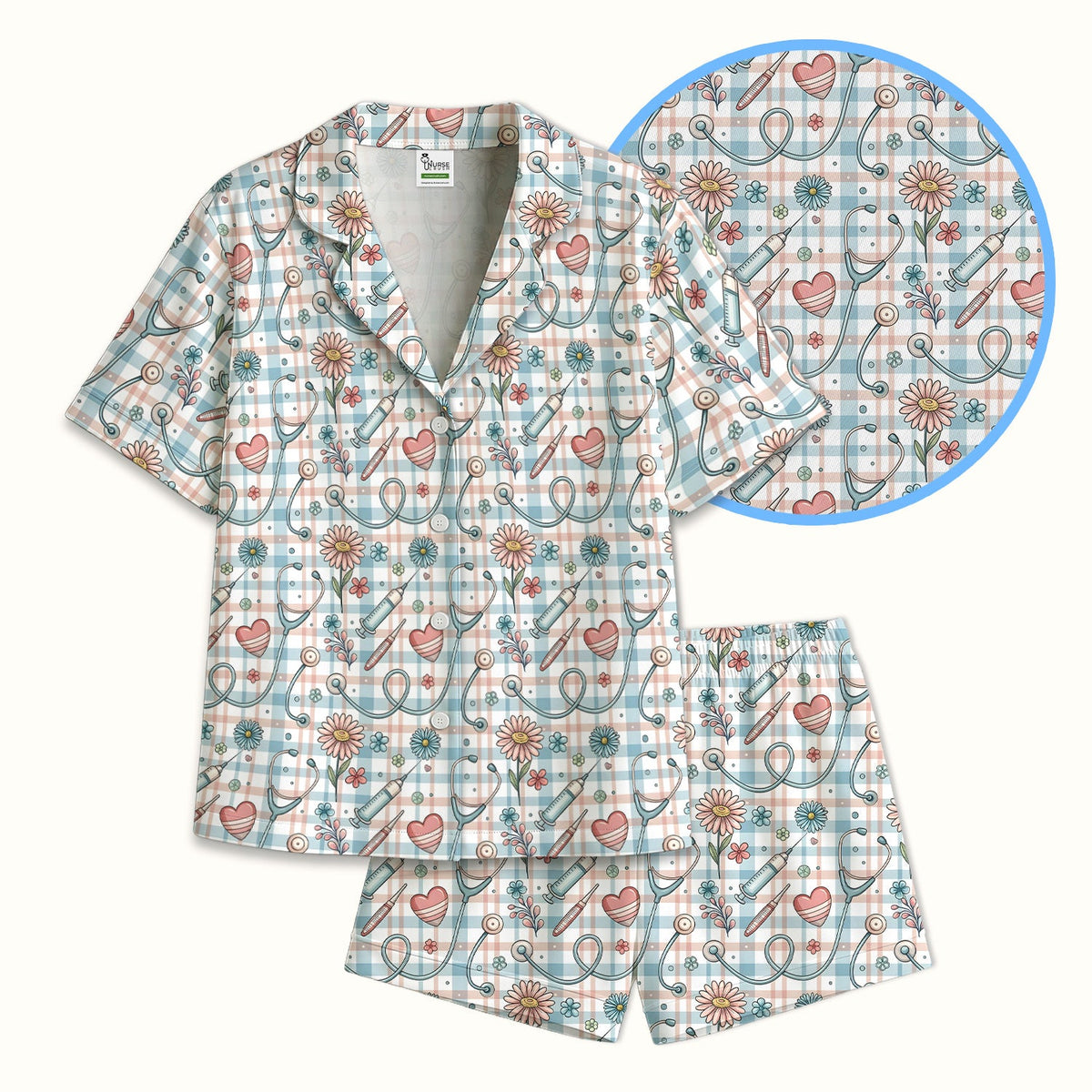 Stethoscope Heart Syringe Floral Plaid Pajama Set