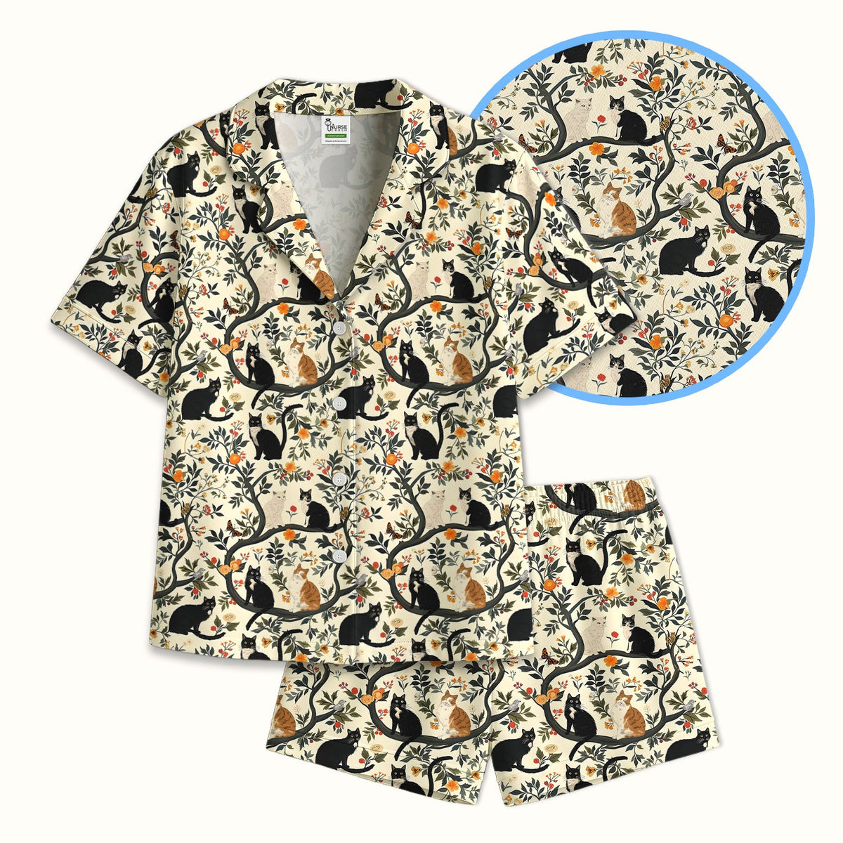 Vintage Black Cat Floral Pajama Set