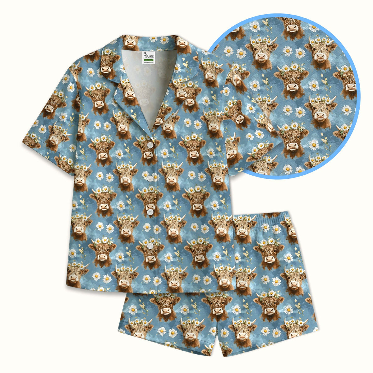 Highland Cow Daisy Flower Pajama Set For Nurse