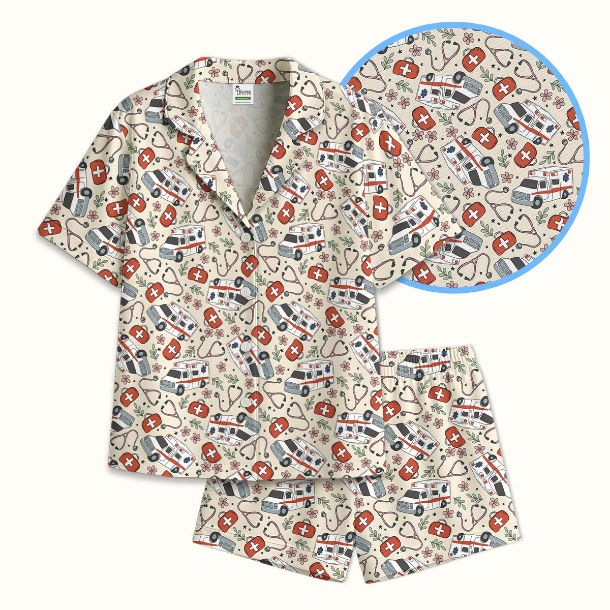 Ambulance Stethoscope First Aid Floral Pajama Set
