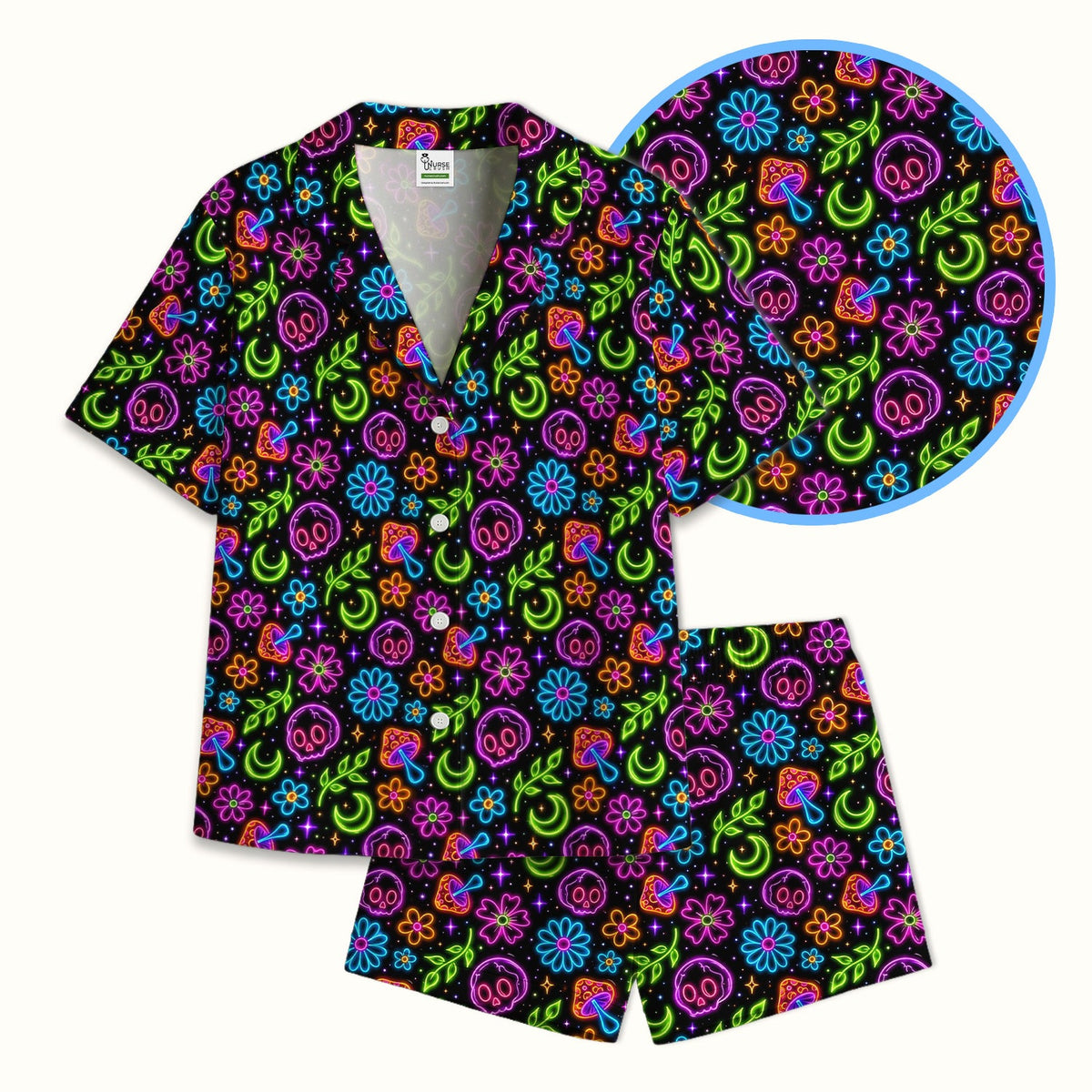 Neon Skull Mushroom Floral Nurse Pajama Set