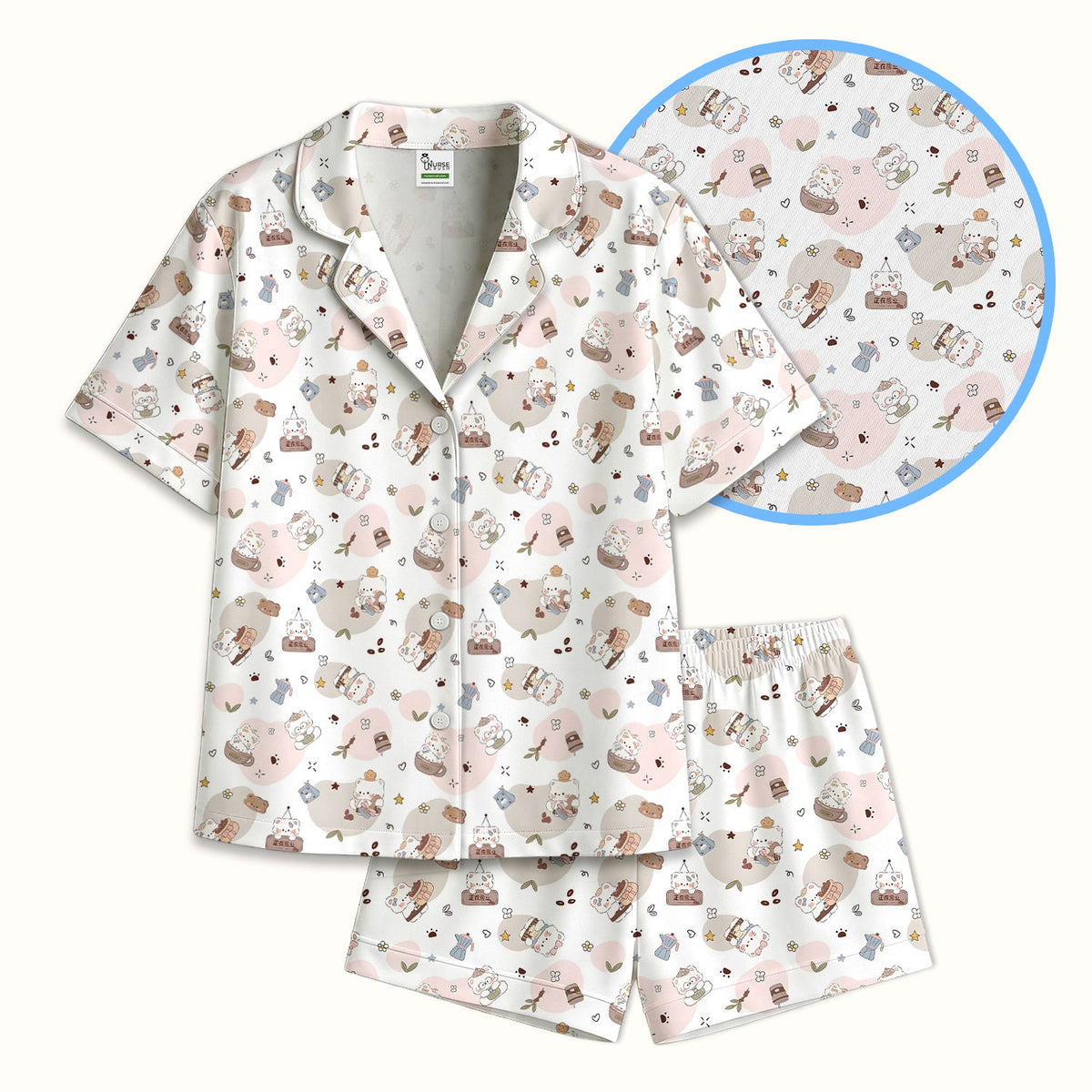 Cat With Coffee Paw Heart Nurse Pajama Set