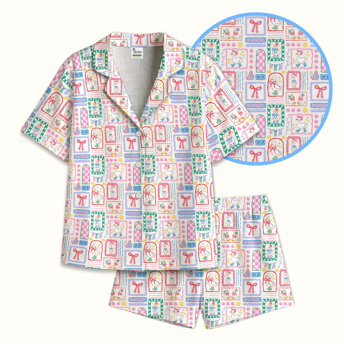 Adorable Goose Ribbon Patchwork Frame Pajama Set